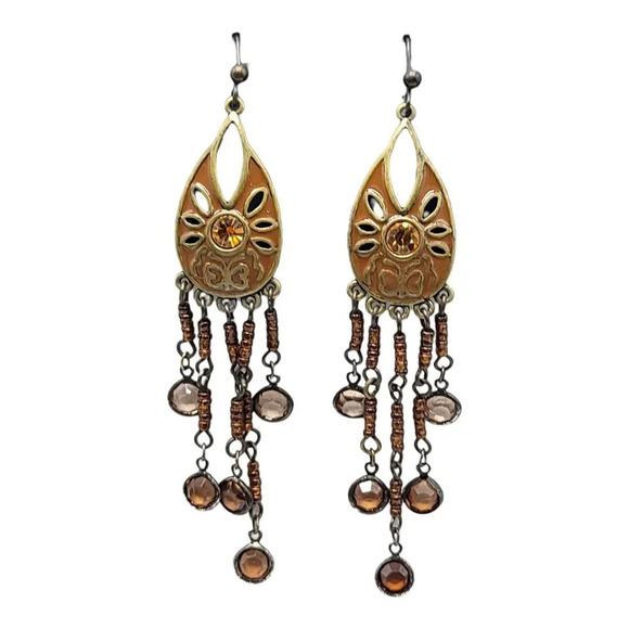 Darlene Group Bohemian Style Champagne Glass Bead Graduated Dangle Earrings Taup - Picture 2 of 4